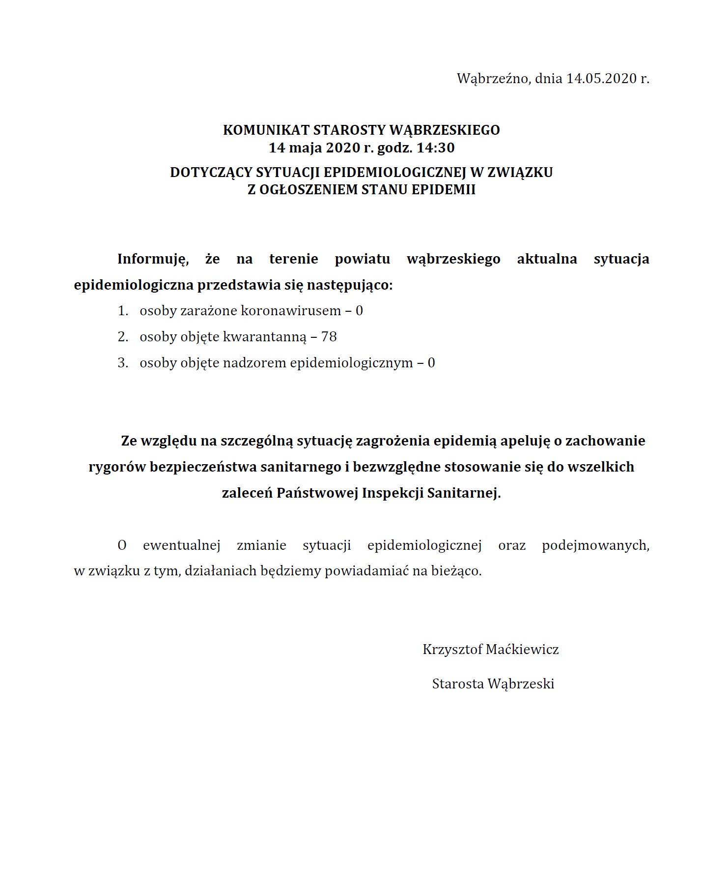 Komunikat Starosty Wąbrzeskiego dot. sytuacji epidemiologicznej na terenie Powiatu Wąbrzeskiego 14.05.2020 godz. 14:30
