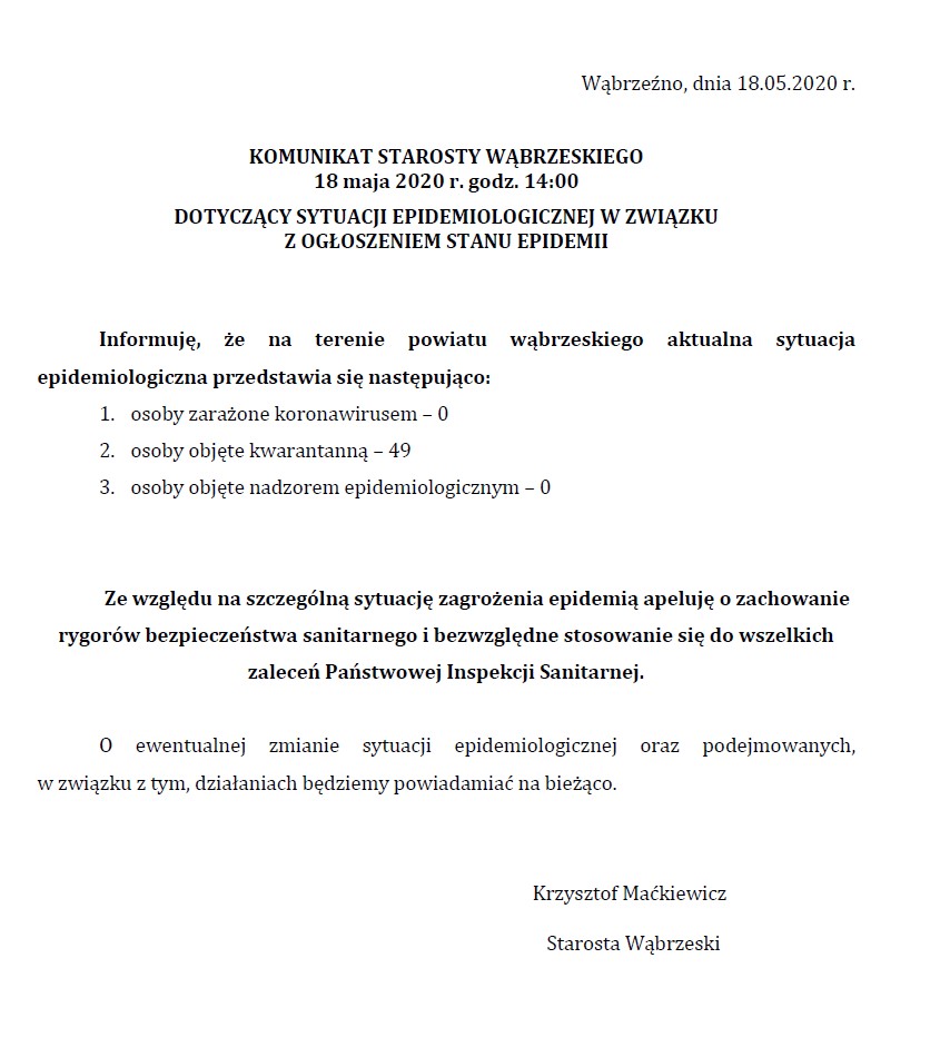 Komunikat Starosty Wąbrzeskiego dot. sytuacji epidemiologicznej na terenie Powiatu Wąbrzeskiego 18.05.2020 godz. 14:00