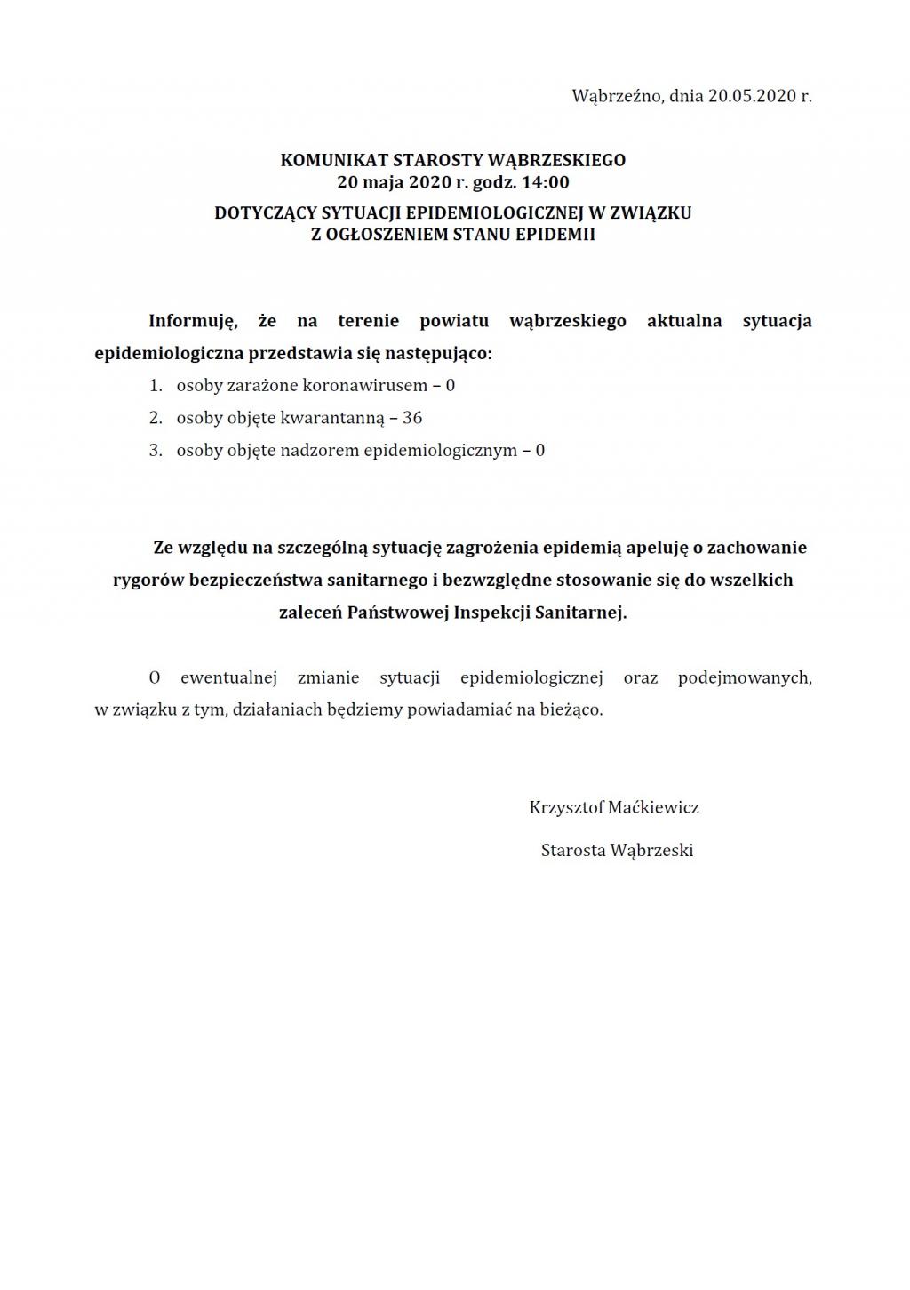 Komunikat Starosty Wąbrzeskiego dot. sytuacji epidemiologicznej na terenie Powiatu Wąbrzeskiego 20.05.2020 godz. 14:00