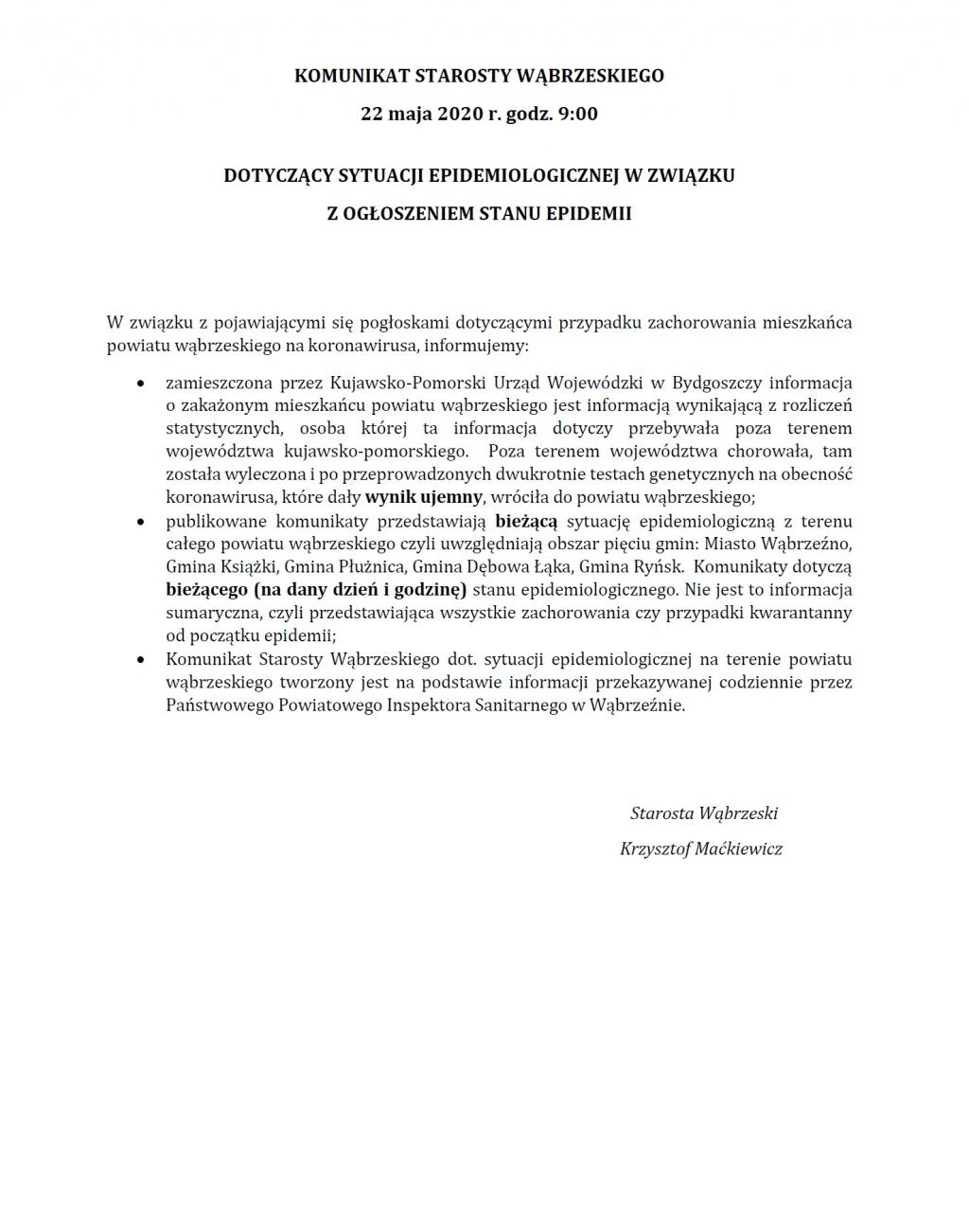 Komunikat Starosty Wąbrzeskiego dot. sytuacji epidemiologicznej na terenie Powiatu Wąbrzeskiego 22.05.2020 godz. 9:00