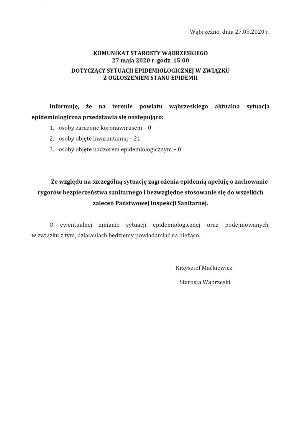 Komunikat Starosty Wąbrzeskiego dot. sytuacji epidemiologicznej na terenie Powiatu Wąbrzeskiego 27.05.2020 godz. 15:00